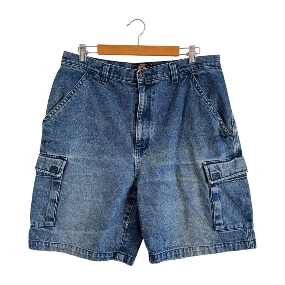 Y2K Route 66 Utility Cargo Denim Shorts Blue 36